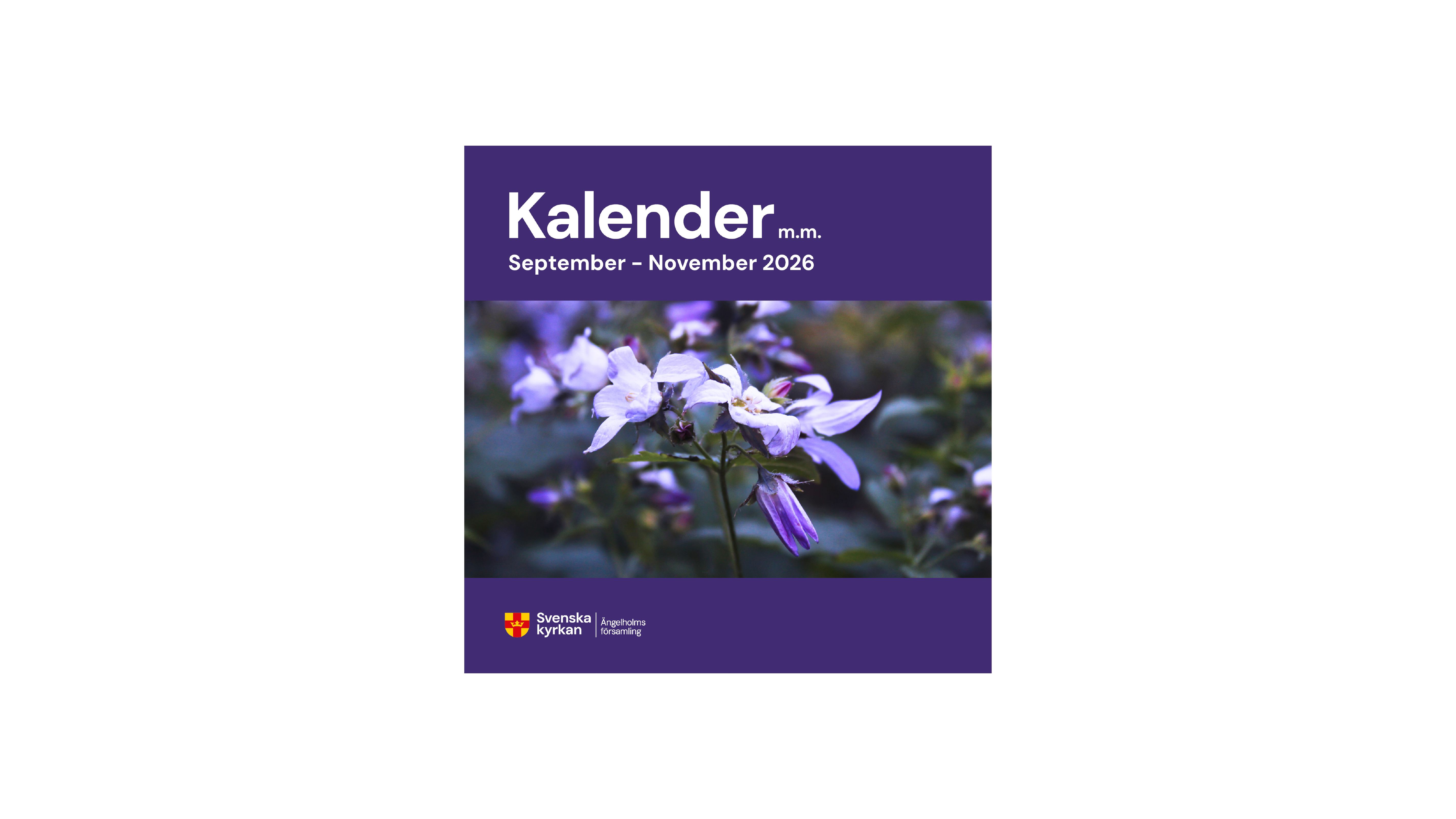 Framsidan på kalendern som är lila med ett foto på lila blommor.