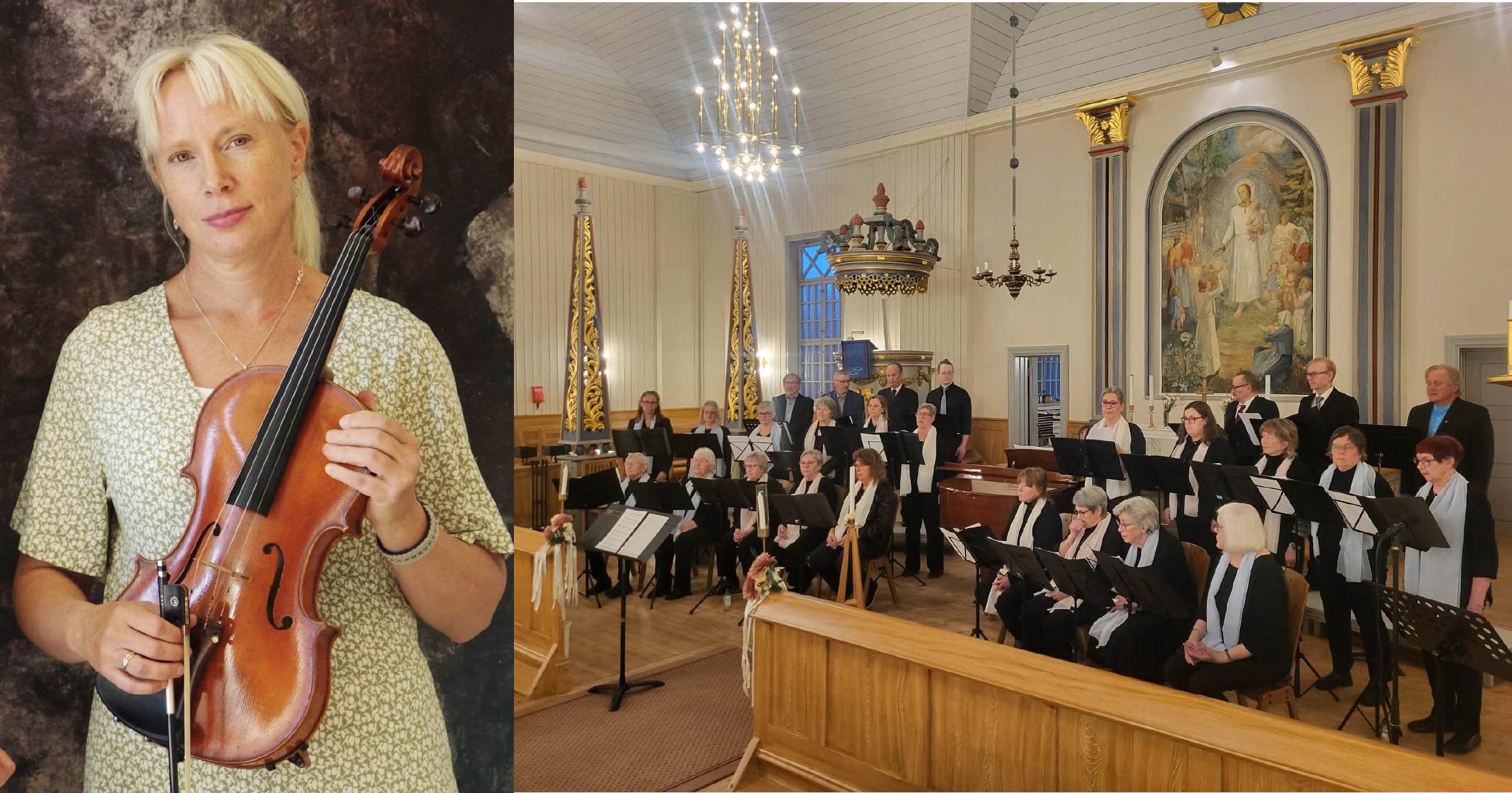 Vänster sida: Jenny Välitalo håller en altfiol i händerna och ser rätt in i kameran. Till höger: Medlemmar i Pajala kyrkokör står och sitter i en kyrka vid altaret. De har notställ framför sig.