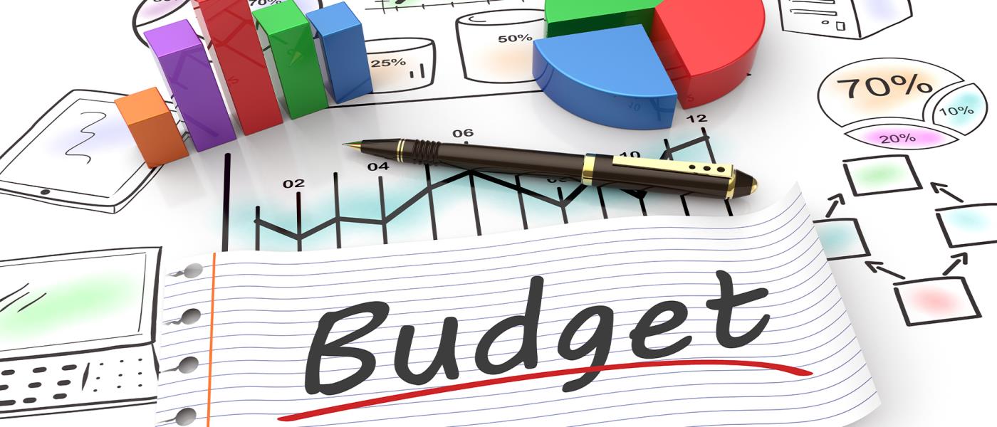 En bild med diagram, cirklar, staplar, siffror och med ett papper där det står Budget. 