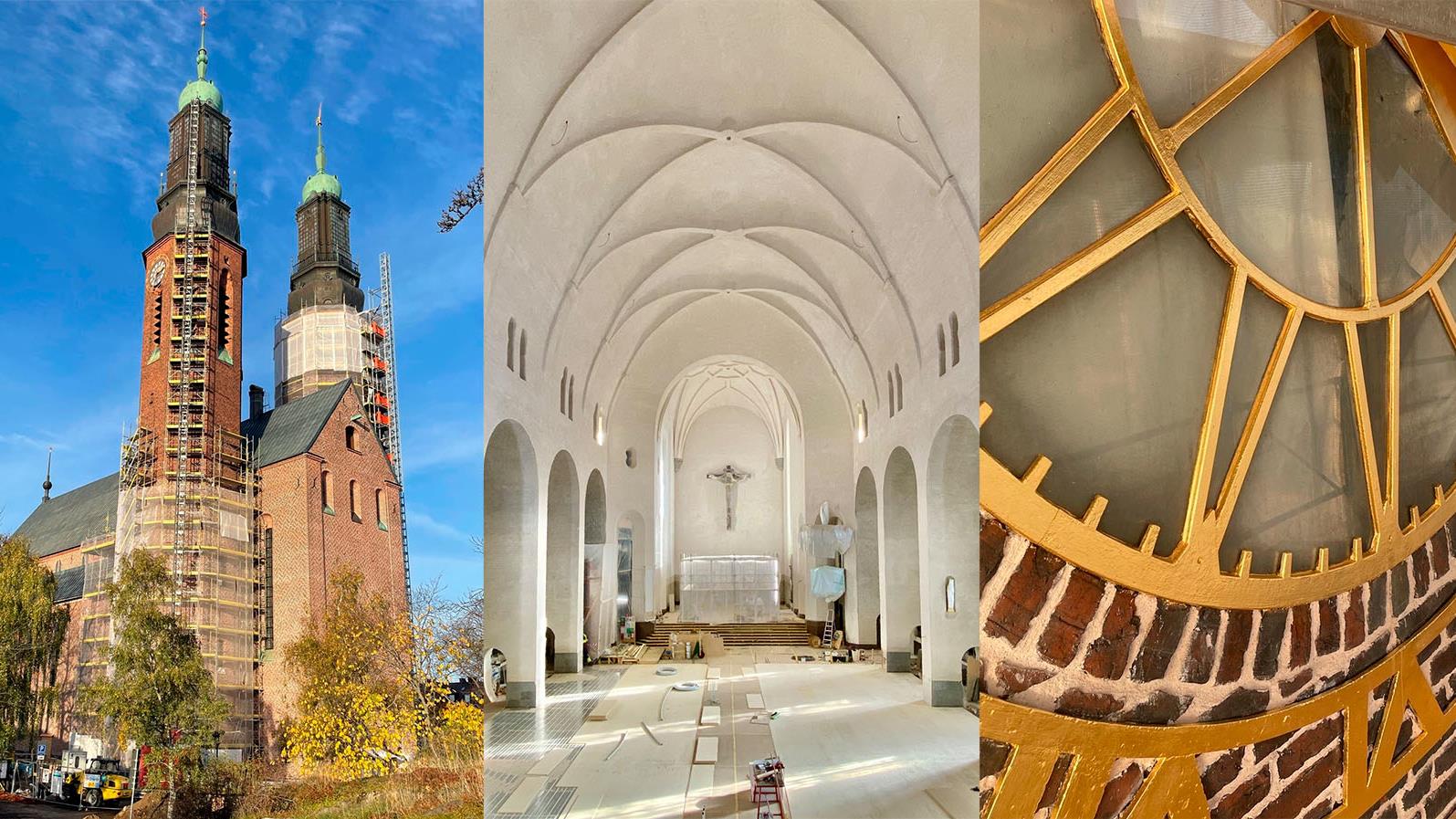 Collage av renoveringsbilder kyrktorn, kyrksal och tornur