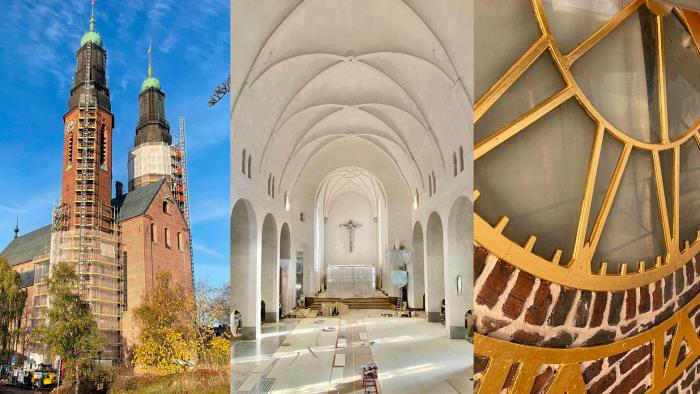 Collage av renoveringsbilder kyrktorn, kyrksal och tornur