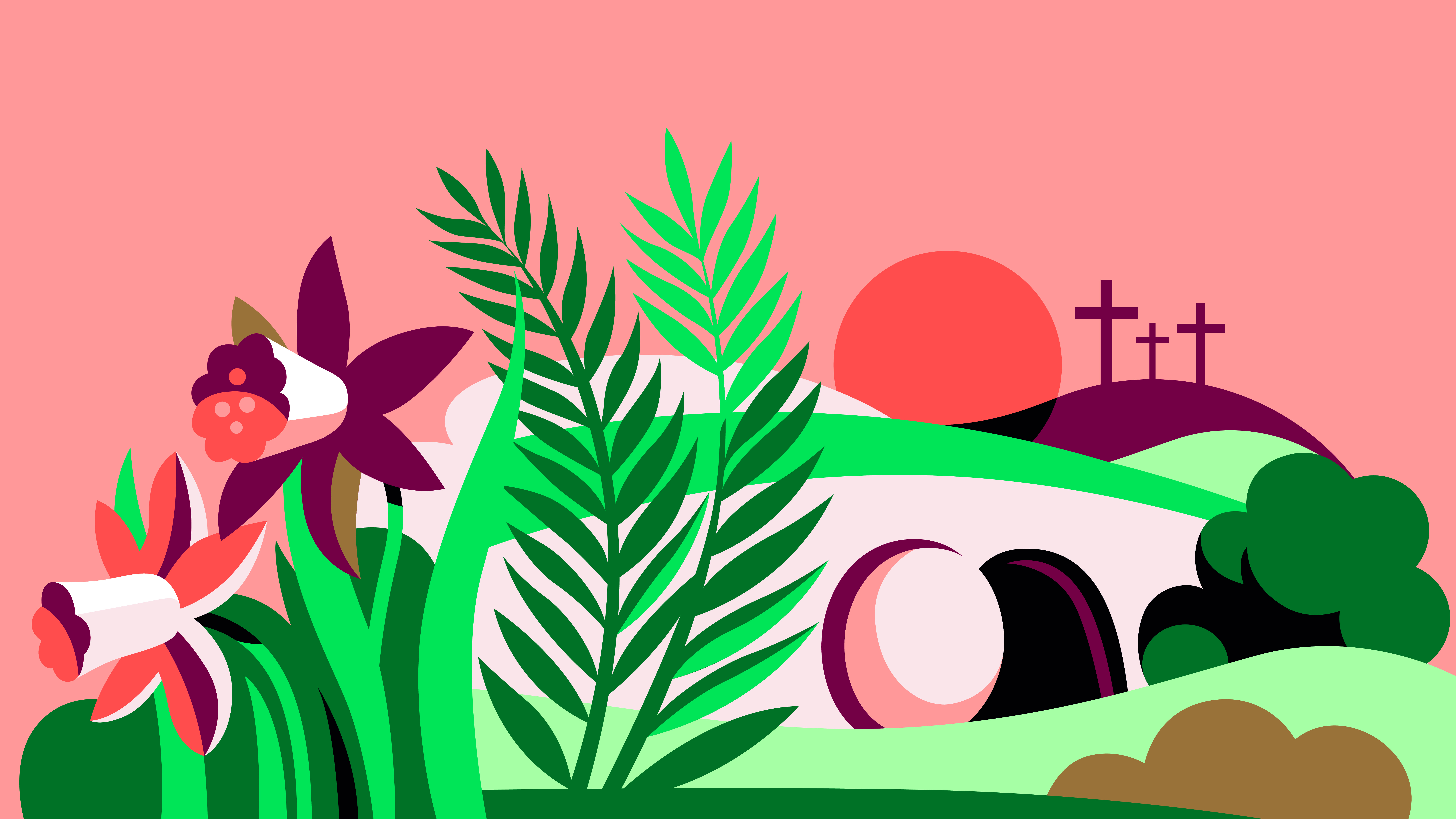 Illustration av påskliljor, palmblad, kulle med tre kors, stenen vid ingången till Jesus gravplats.
