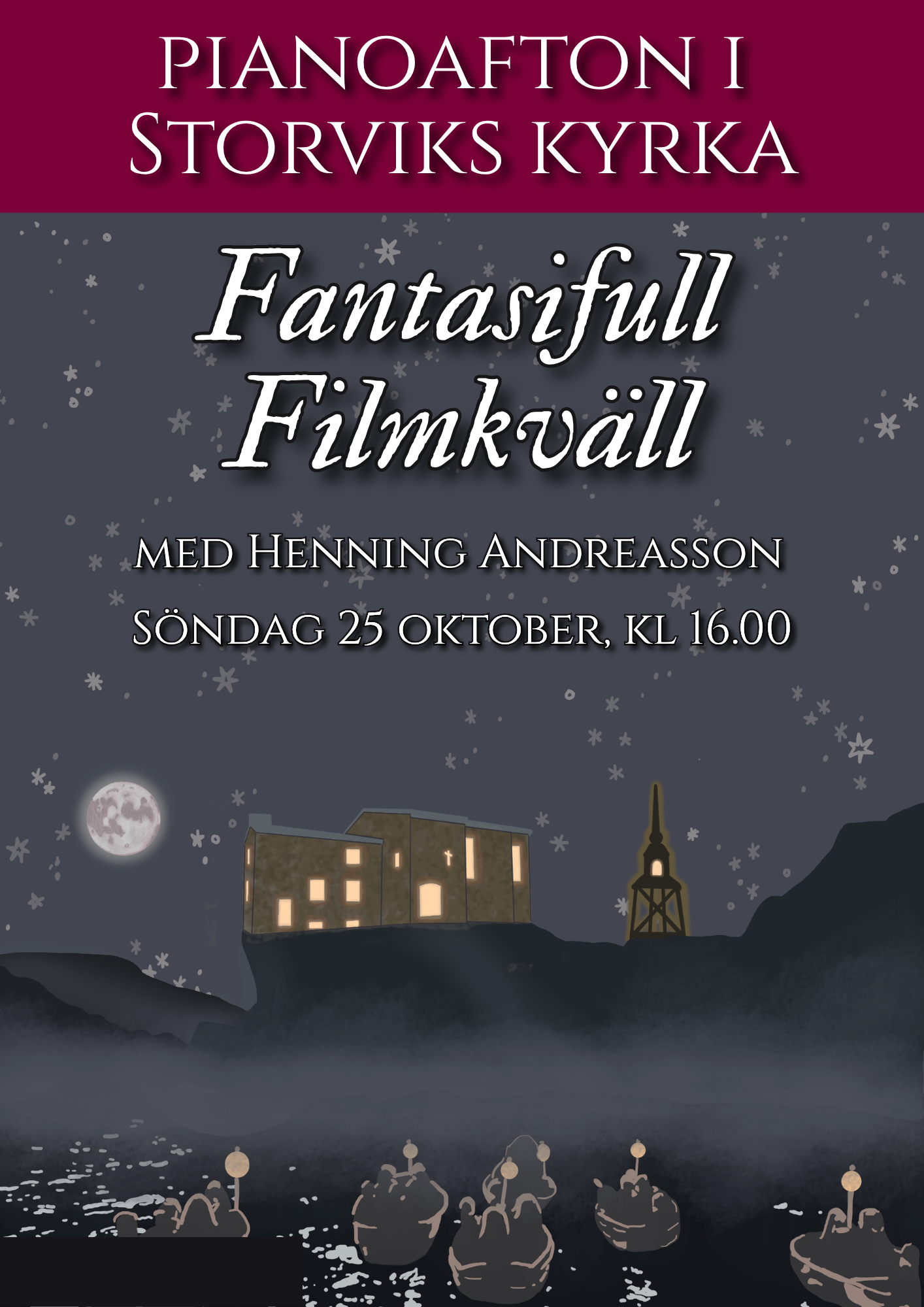 Pianoafton. Fantasifull Filmkväll. Bild på en kyrka och båtar på väg mot kyrkan på kvällen