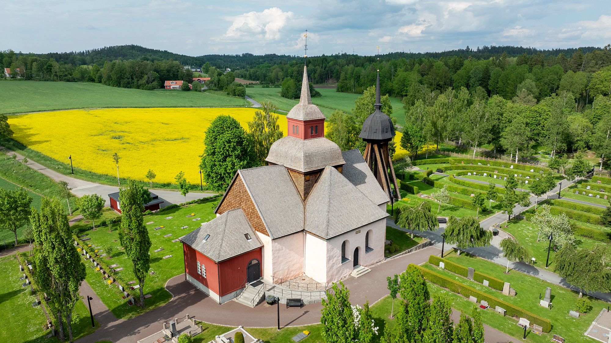 Drönarbild över Hakarps kyrka