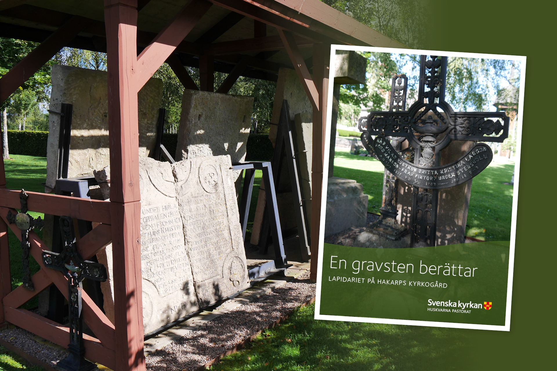 Under tak står kulturhistoriskt intressanta gravstenar uppställda i ett så kallat Lapidarium på Hakarps kyrkogård 