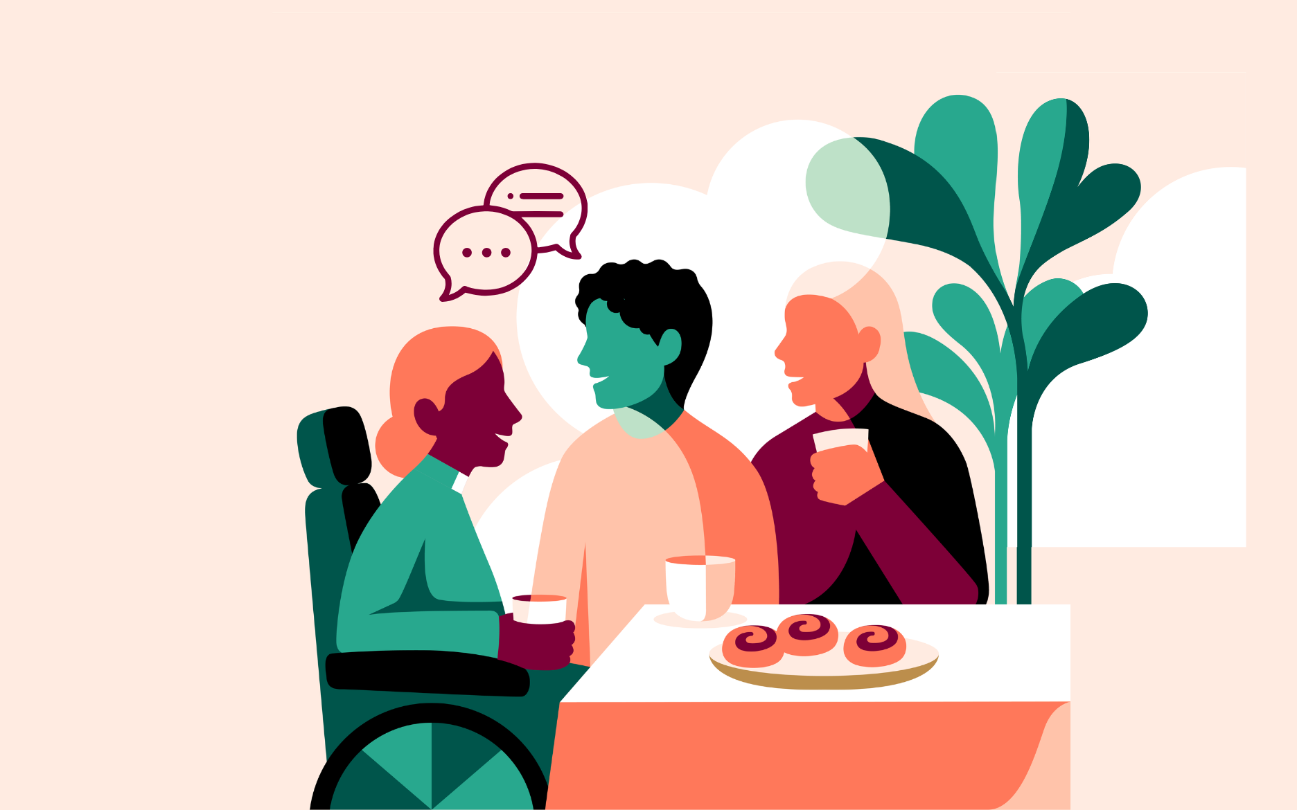 illustration med tre personer som fikar och samtalar