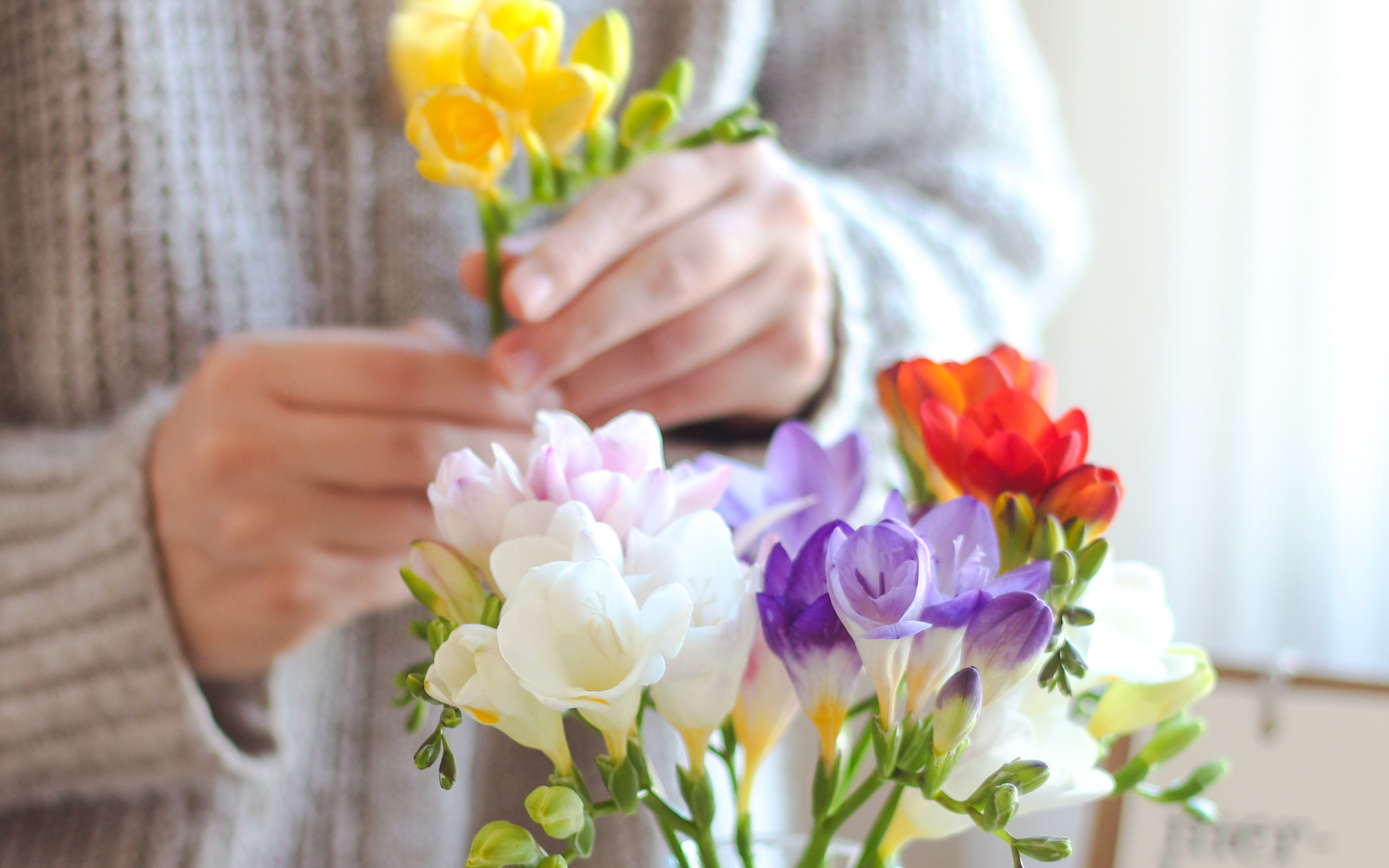 Person som sätter blommor i en vas