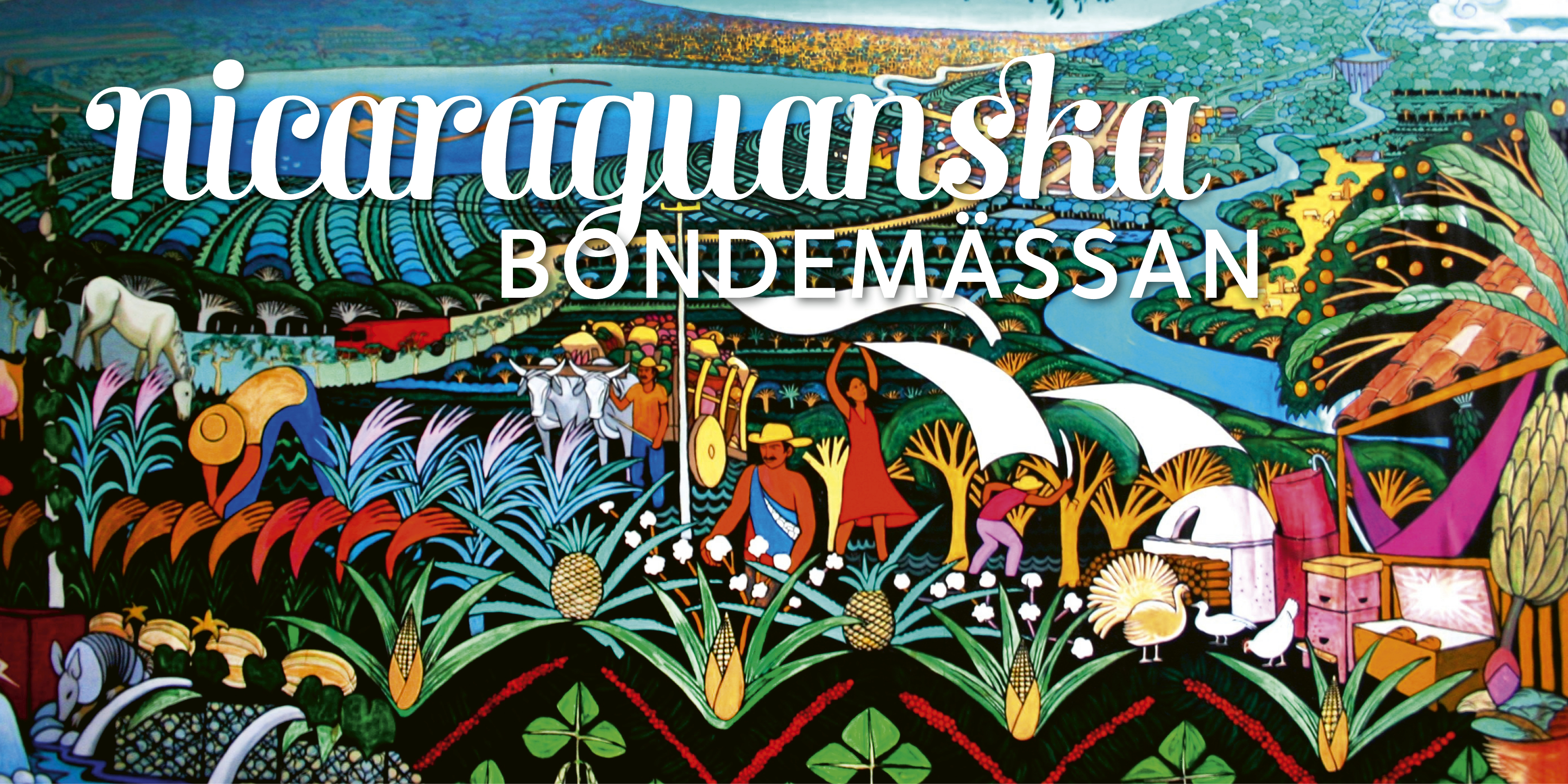 Färgglatt konstverk med information om bondemässan 2023. 