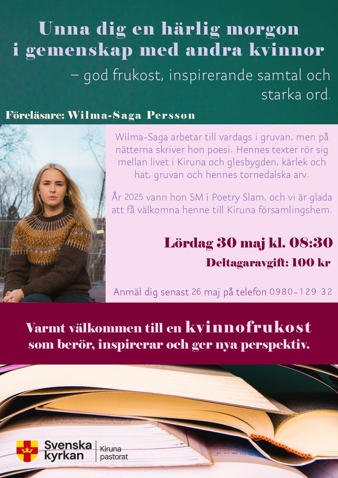 Annons för kvinnofrukost, en bild på Wilma-Saga Persson.