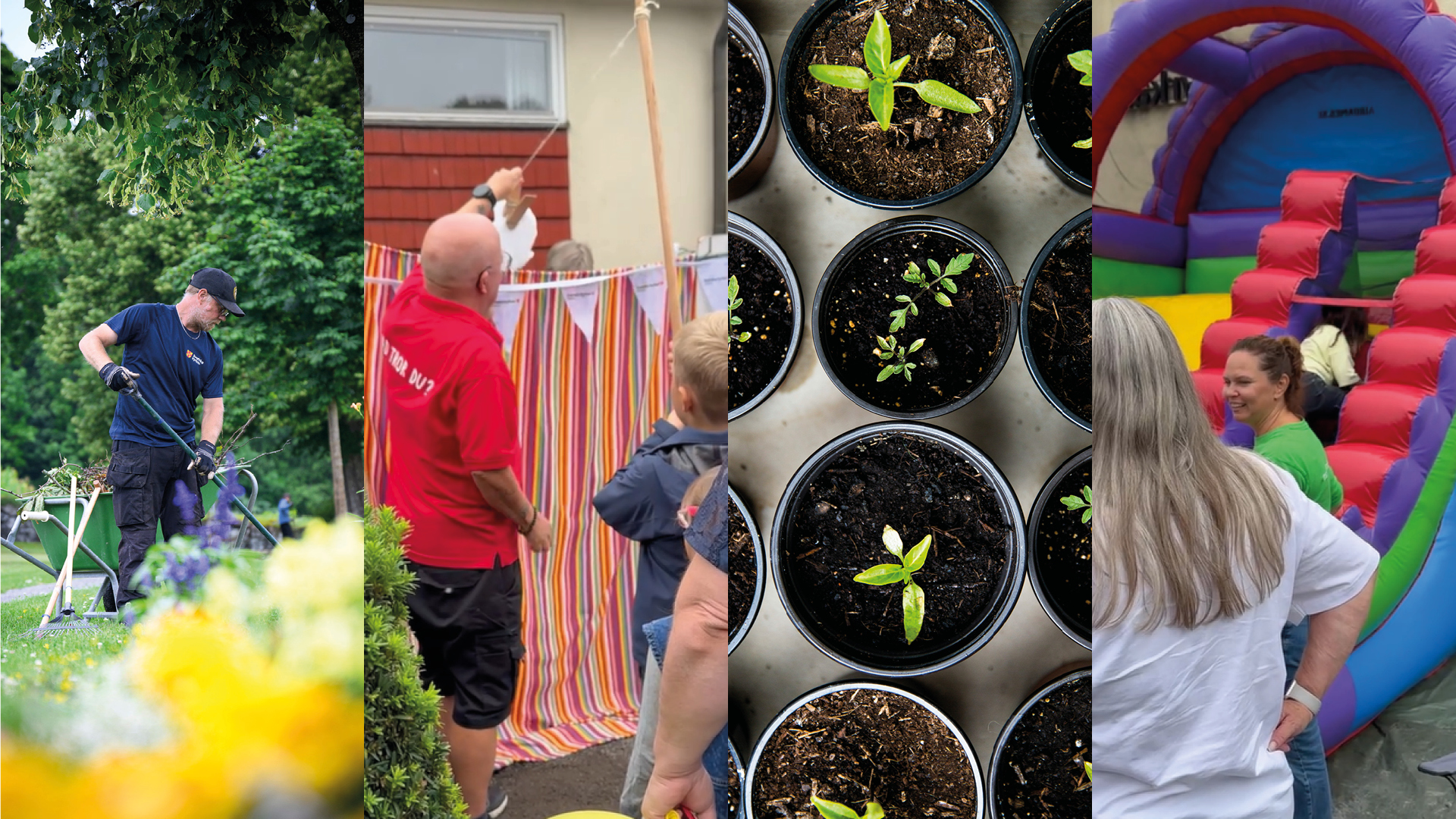 Collage av bilder med en kyrkogårdsarbetare som krattar, två personer vid en fiskdamm, några små plantor i krukor samt några personer vid en färgglad hoppborg.