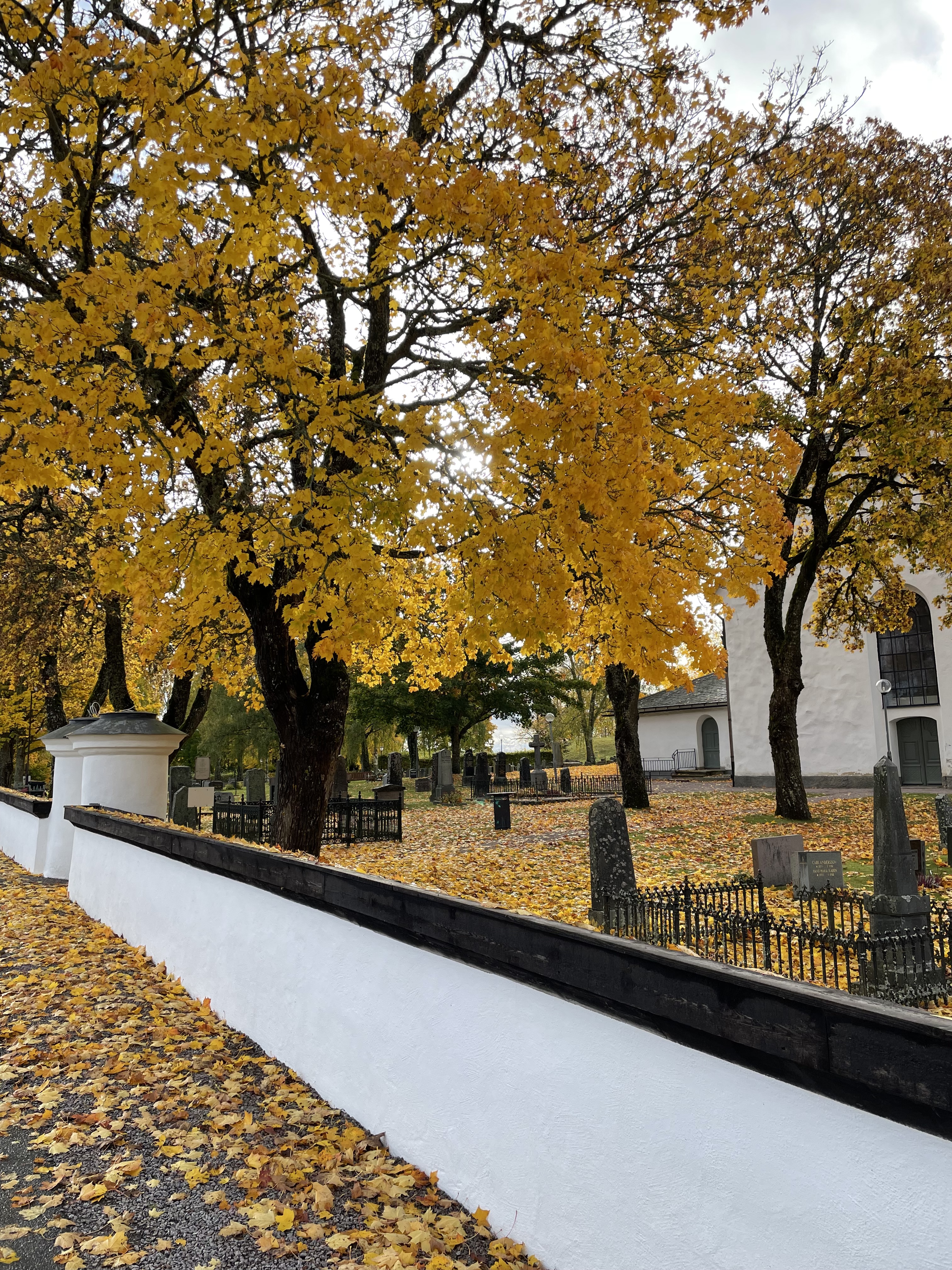 Bälingekyrkogård putsad bogårdsmur höst