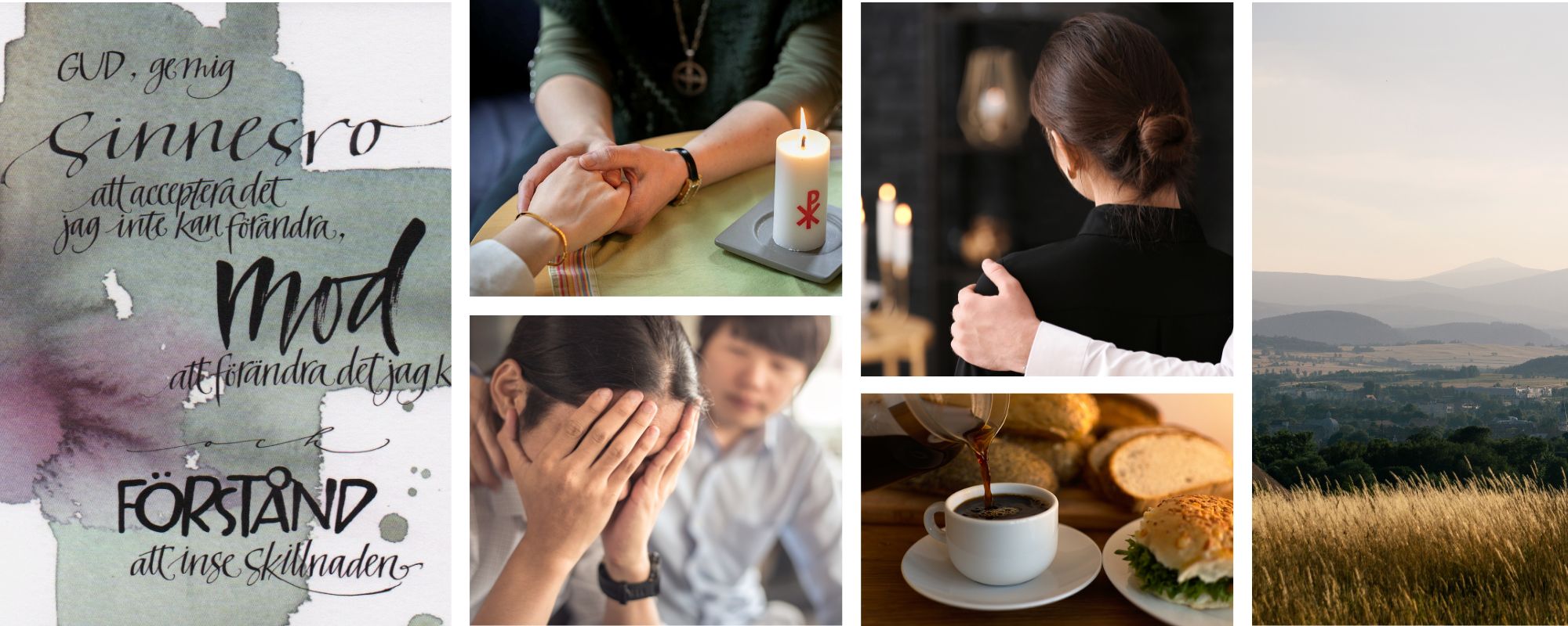 Collage sinnesrobön, samtal, sorg kaffe, andas