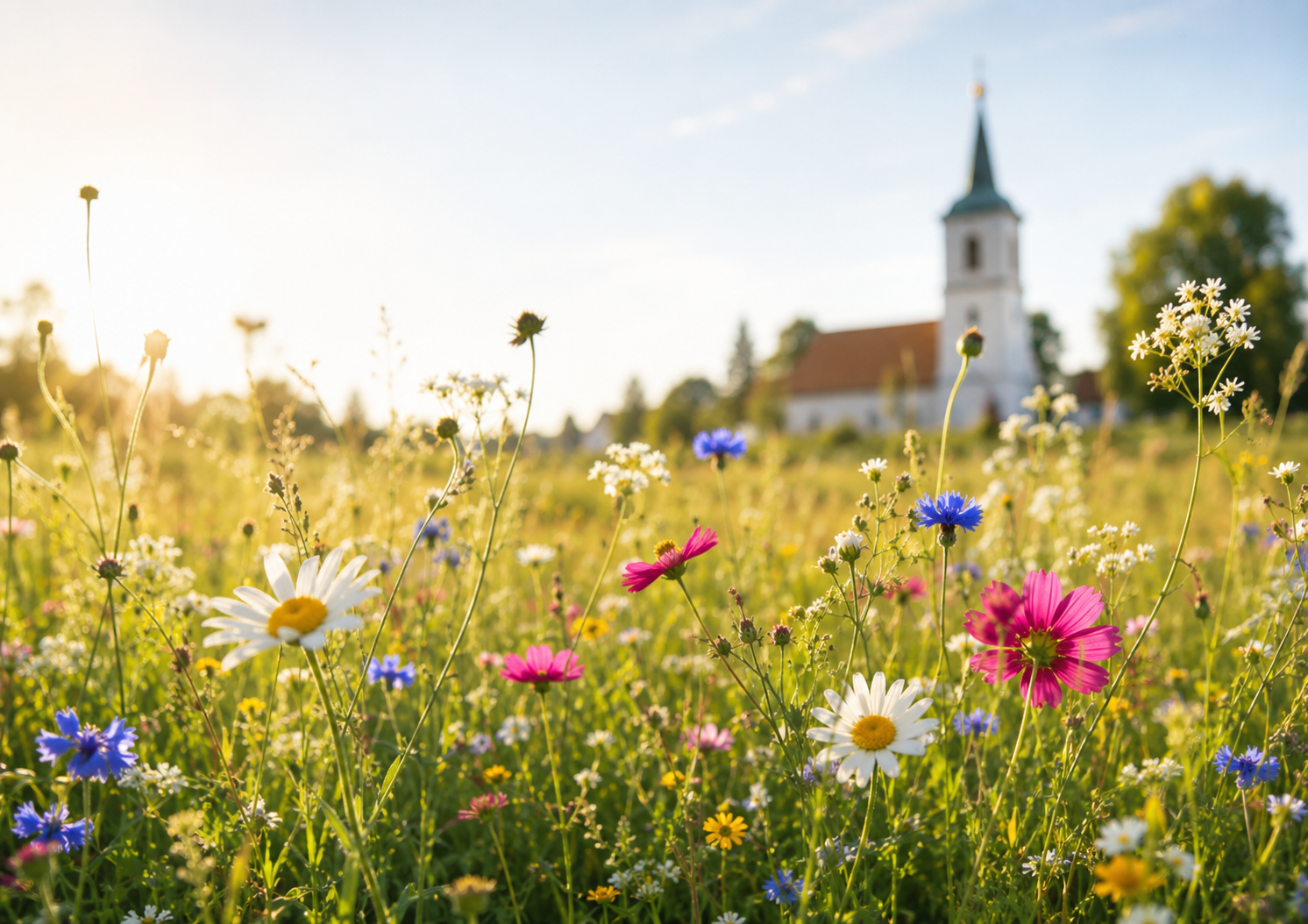 bild på en sommaräng i bakgrunden syns en kyrka