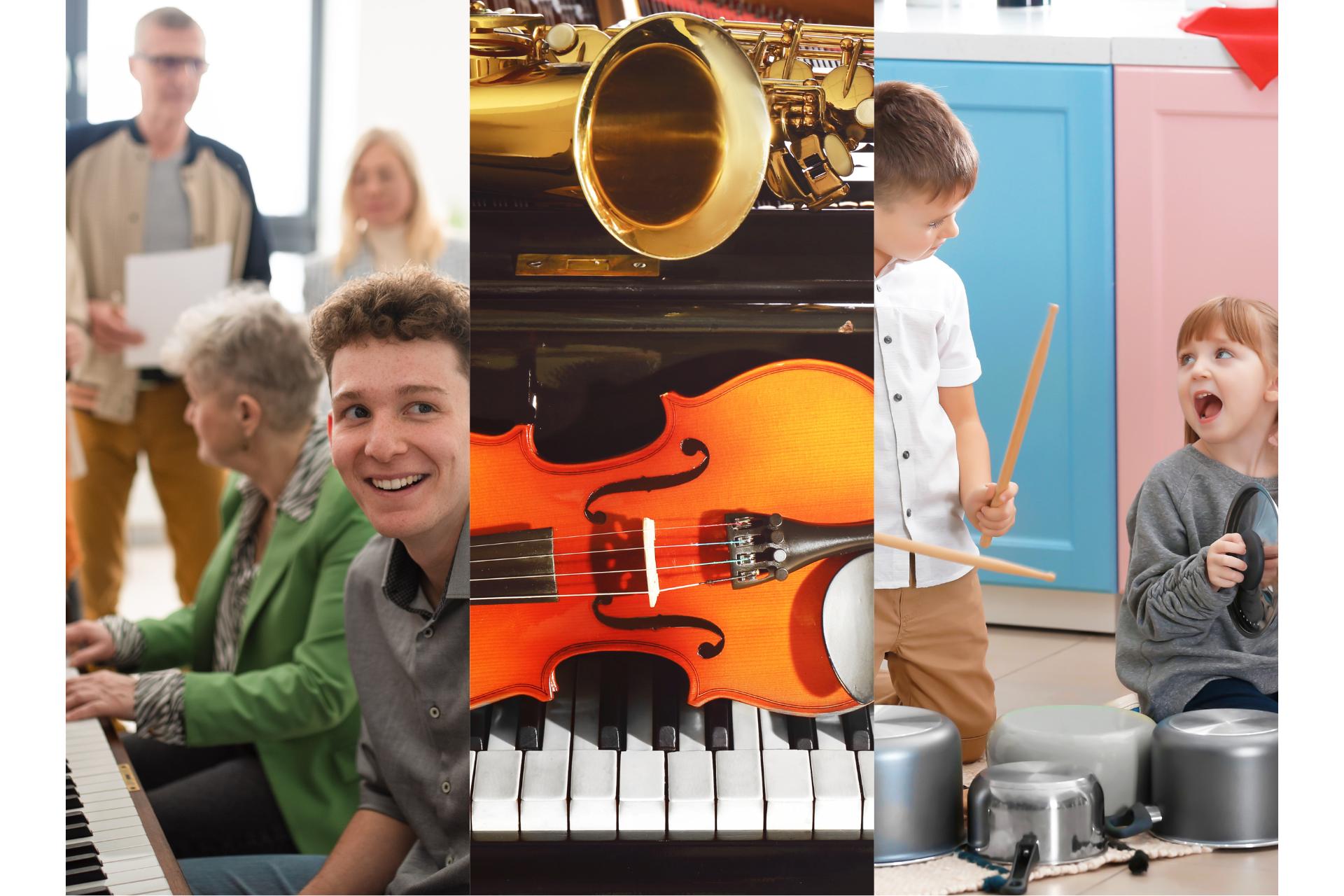 foto på människor i olika åldrar som sjunger och spelar 