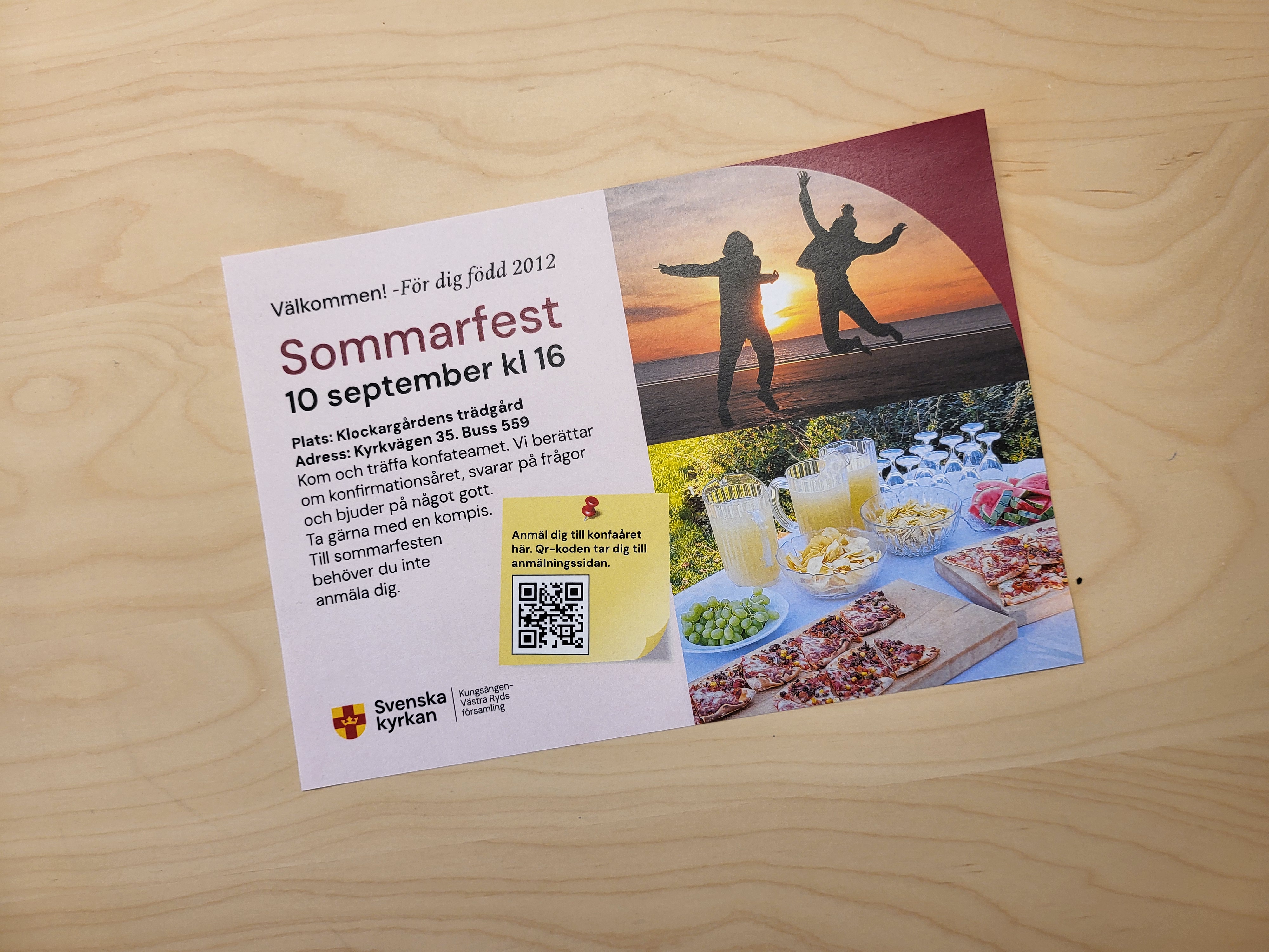 Vykort inbjudan till sommarfest 10 september för Konfirmationsläsning 2026-2027