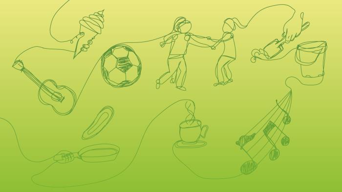 Grön bild med snirkliga teckningar som signalerar sommar. Glass, fotboll, spade, människor som dansar, noter.