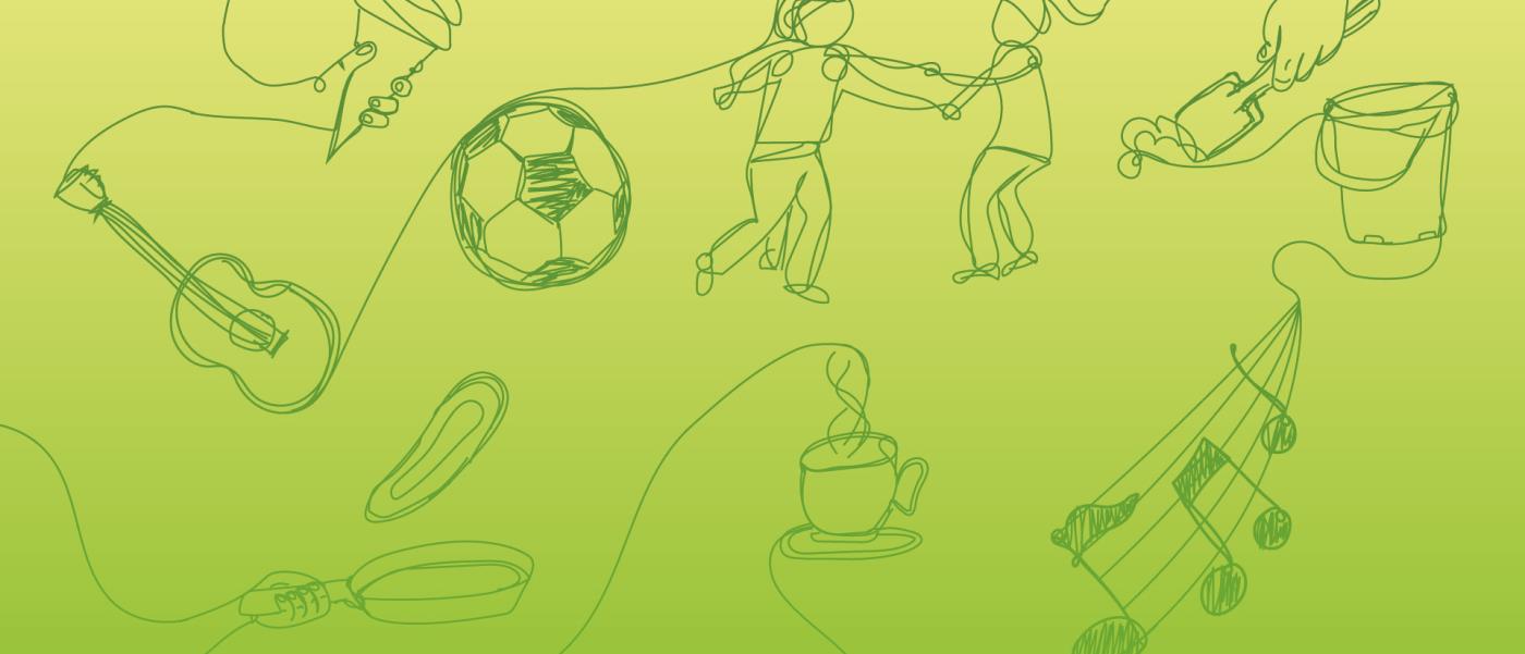 Grön bild med snirkliga teckningar som signalerar sommar. Glass, fotboll, spade, människor som dansar, noter.