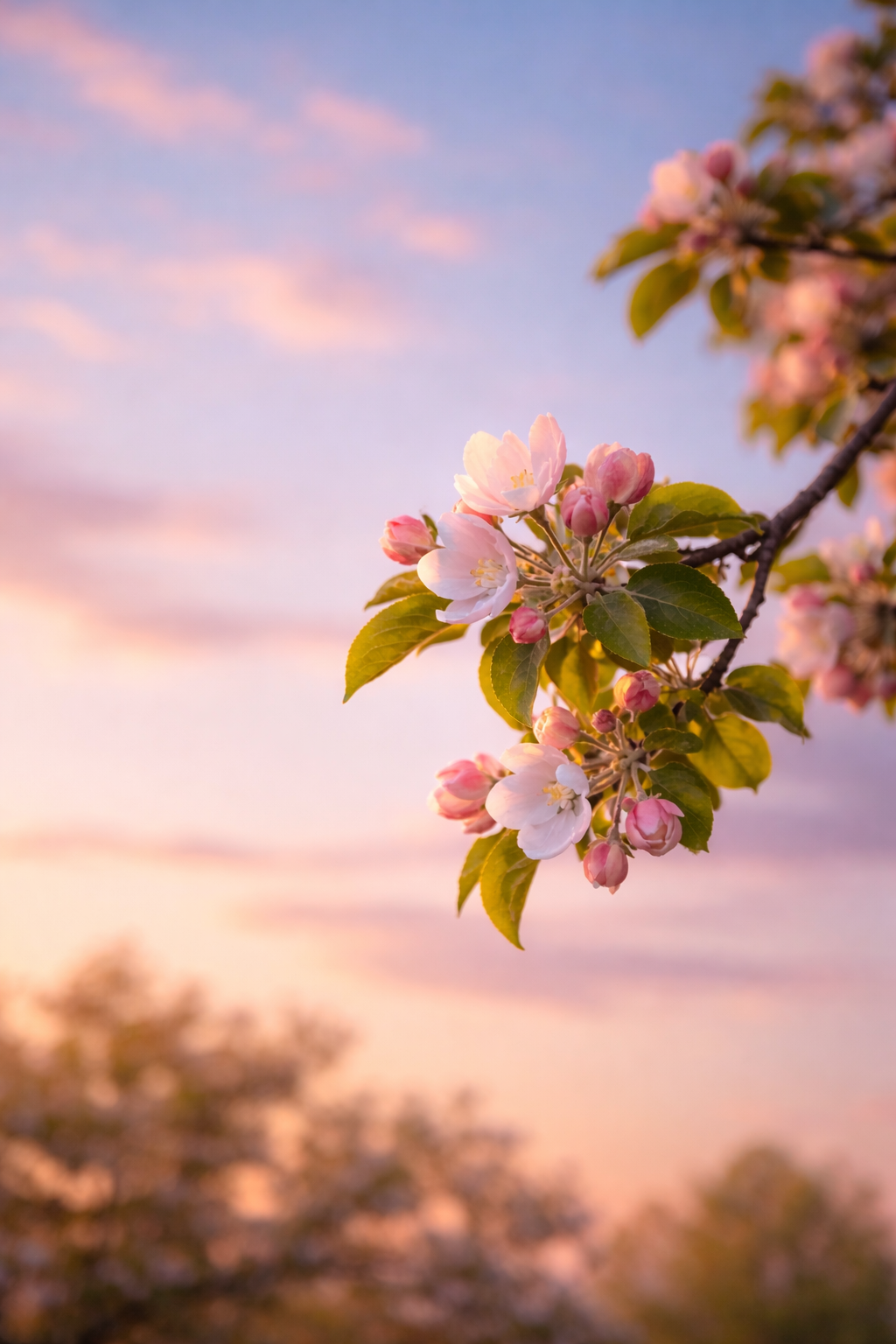 Äppleblom i ljus kvällssol