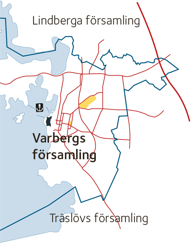 En stiliserad enkel karta över Varbergs församling och gränserna mot Lindberga och Träslövs församlingar