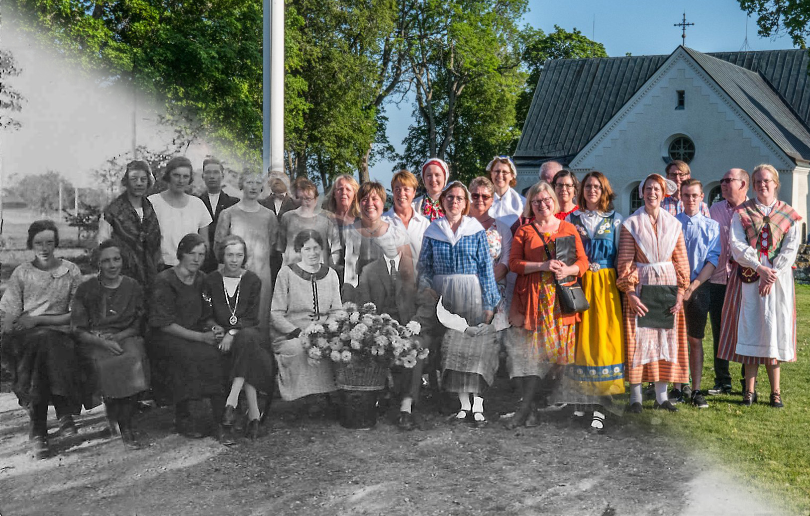 Halva bilden ett svartvitt foto av kören under första halvan av 1900-talet, halva bilden ett färgfoto av kören idag.