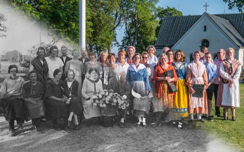 Halva bilden ett svartvitt foto av kören under första halvan av 1900-talet, halva bilden ett färgfoto av kören idag.