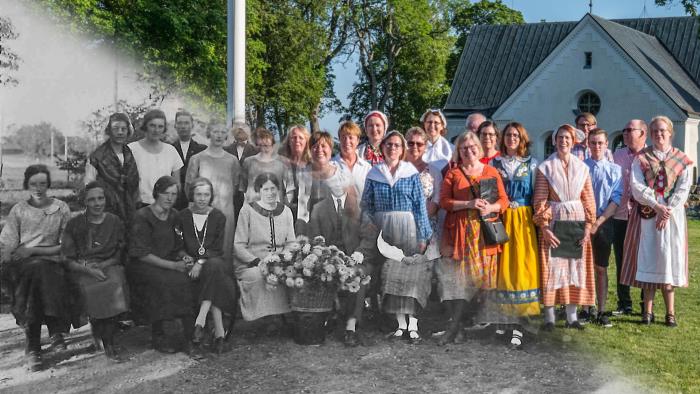 Halva bilden ett svartvitt foto av kören under första halvan av 1900-talet, halva bilden ett färgfoto av kören idag.