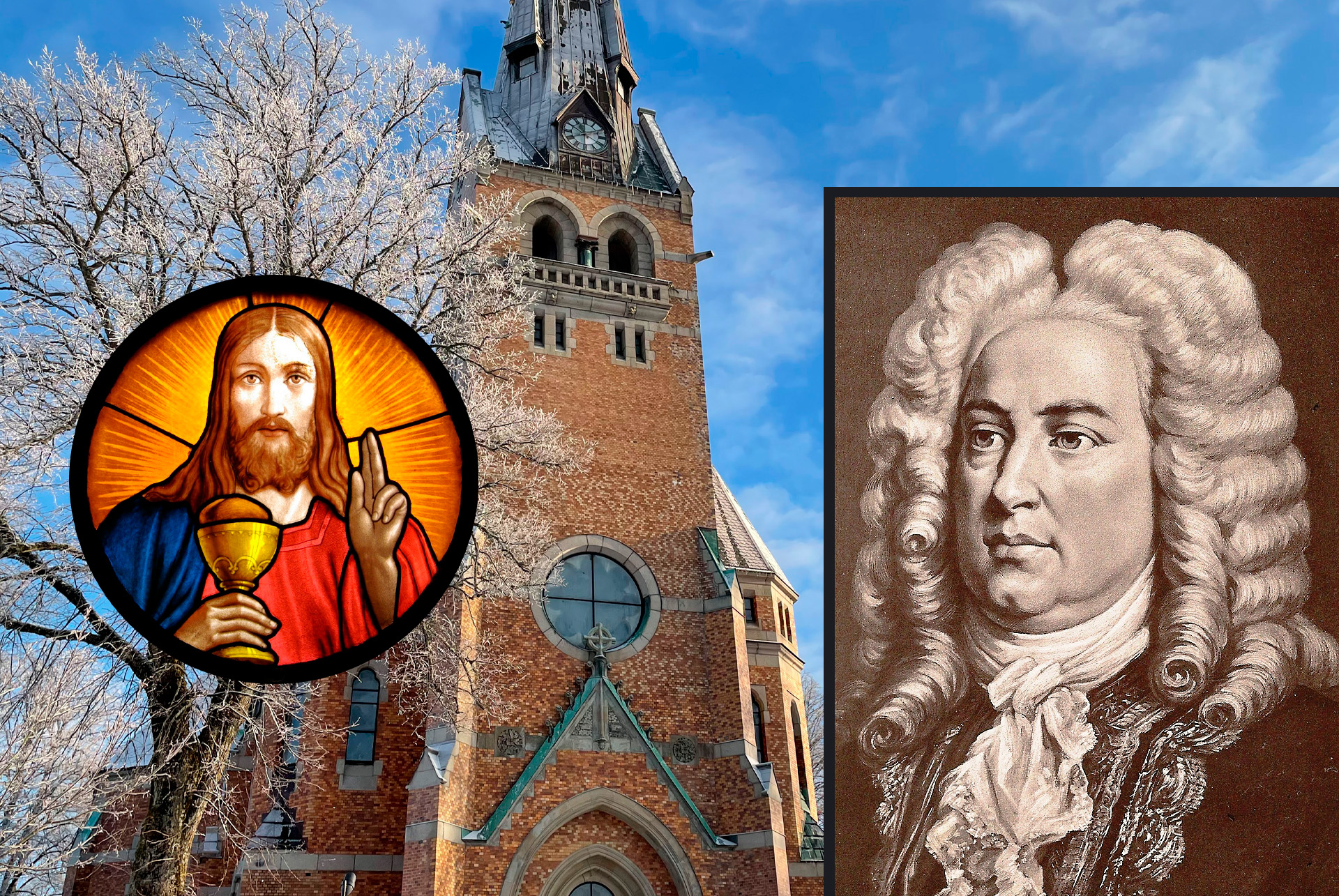 Kollage med Jesus och Händel samt kyrka.