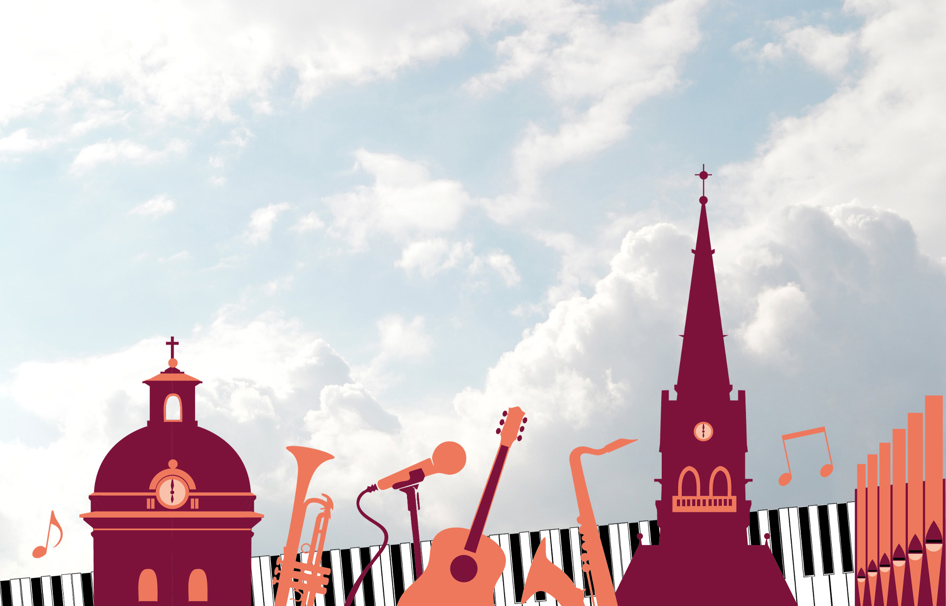 Stiliserad silhuett med två kyrktorn och musikinstrument mot en halvklar himmel.
