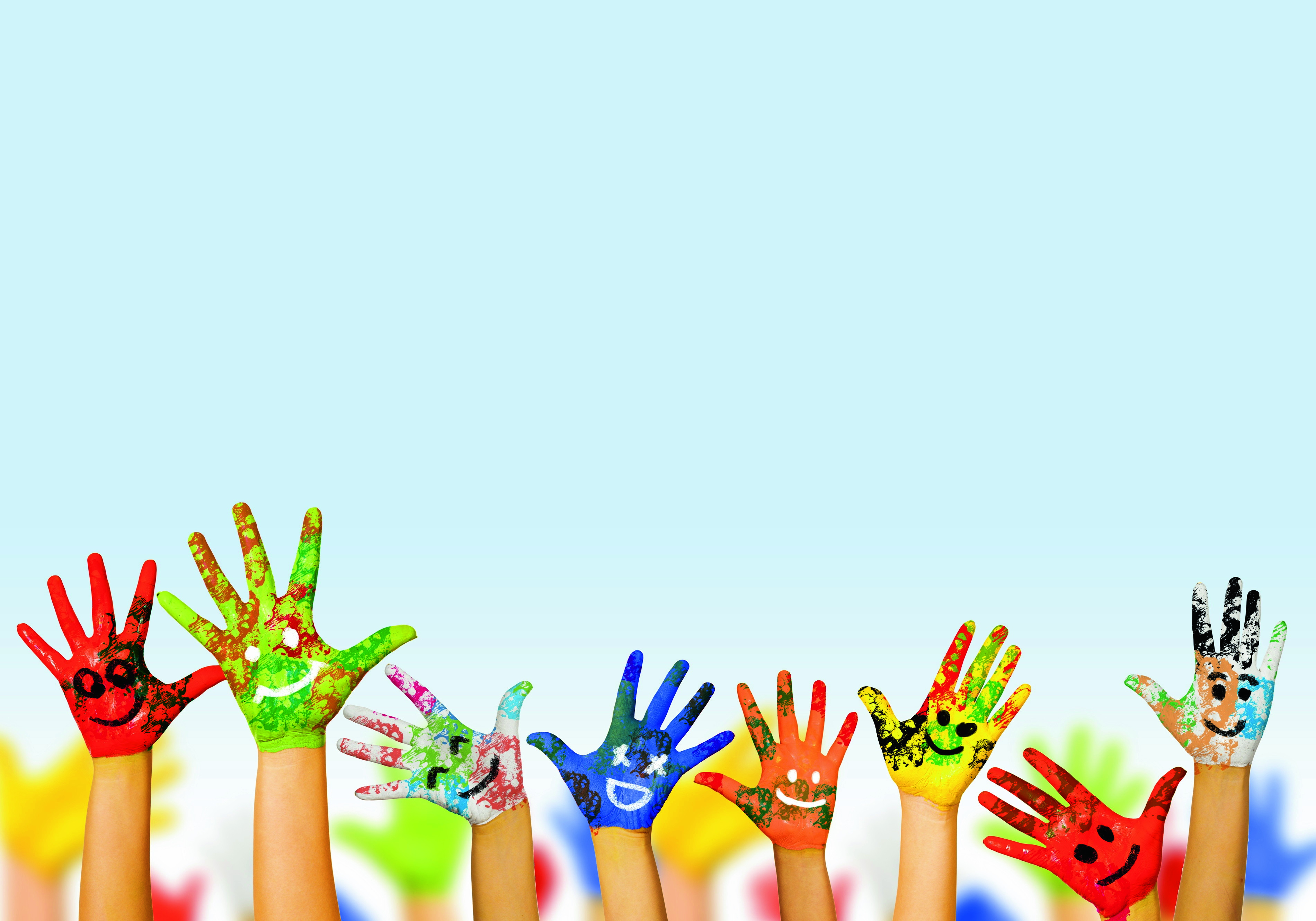 Färgglada händer som vinkar.