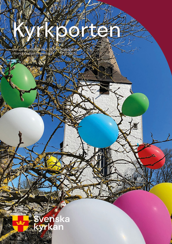 Framsidan av tidningen 1-2025 visar ett kyrktorn med ballonger som ett påskris