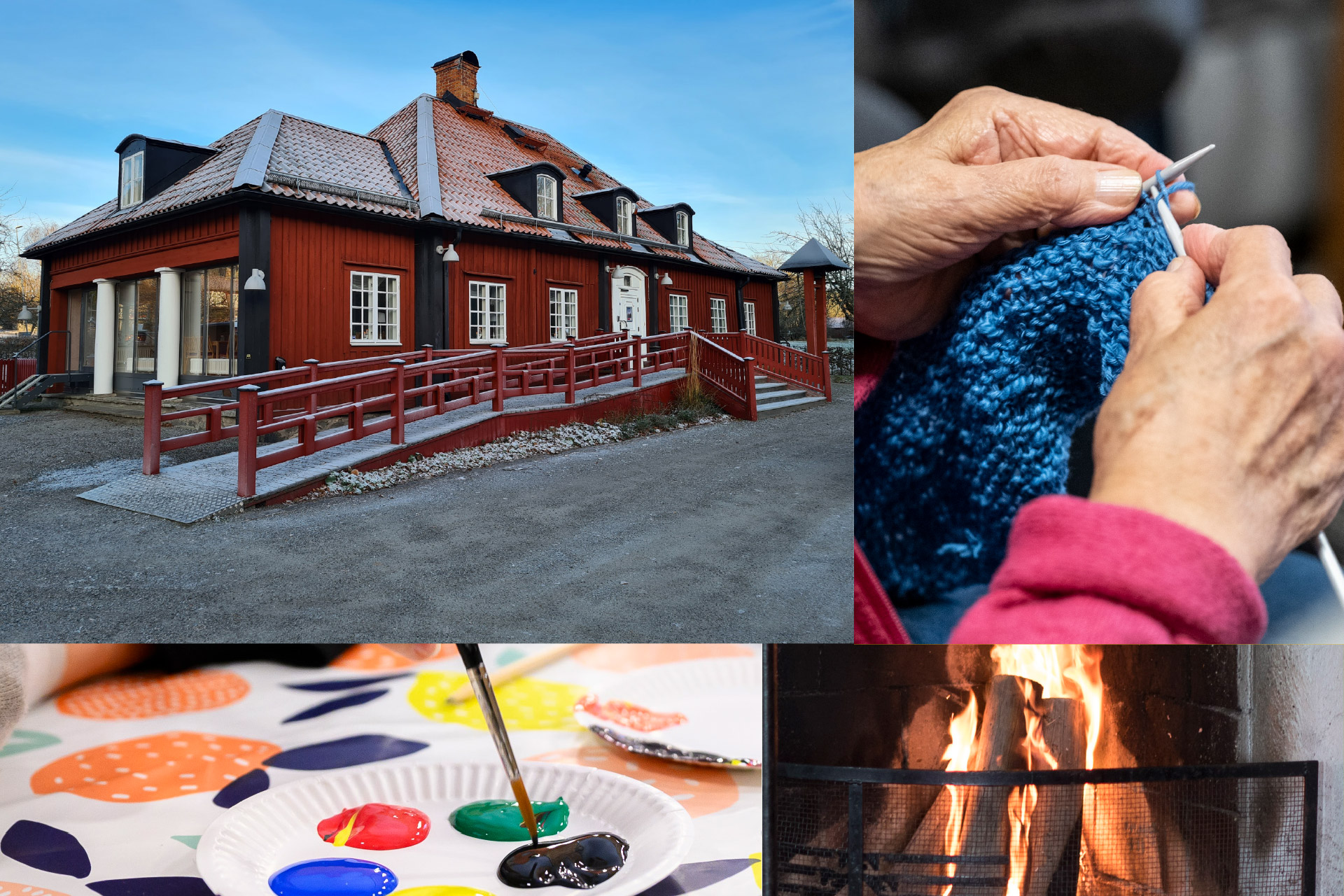 Kollage med en bild på Tullinge gård, händer som stickar, målarfärg och en brinnande eld