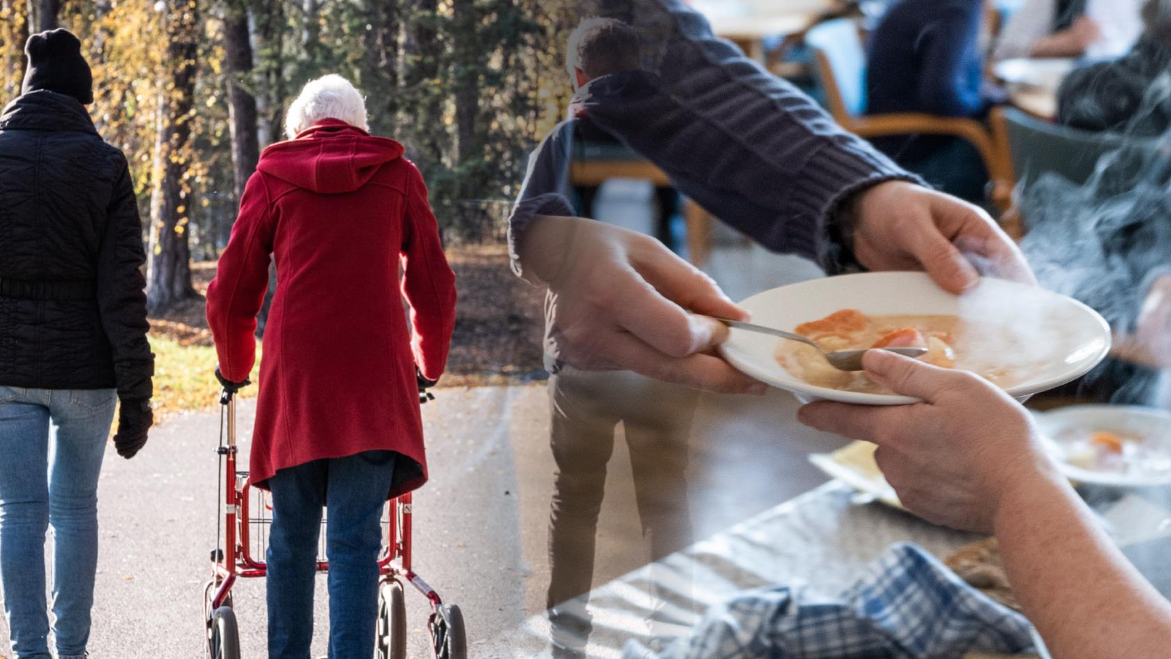 Tre personer är ut på promenad. Damen i mitten går med rollator. Till höger i bild syns en sopptallrik.