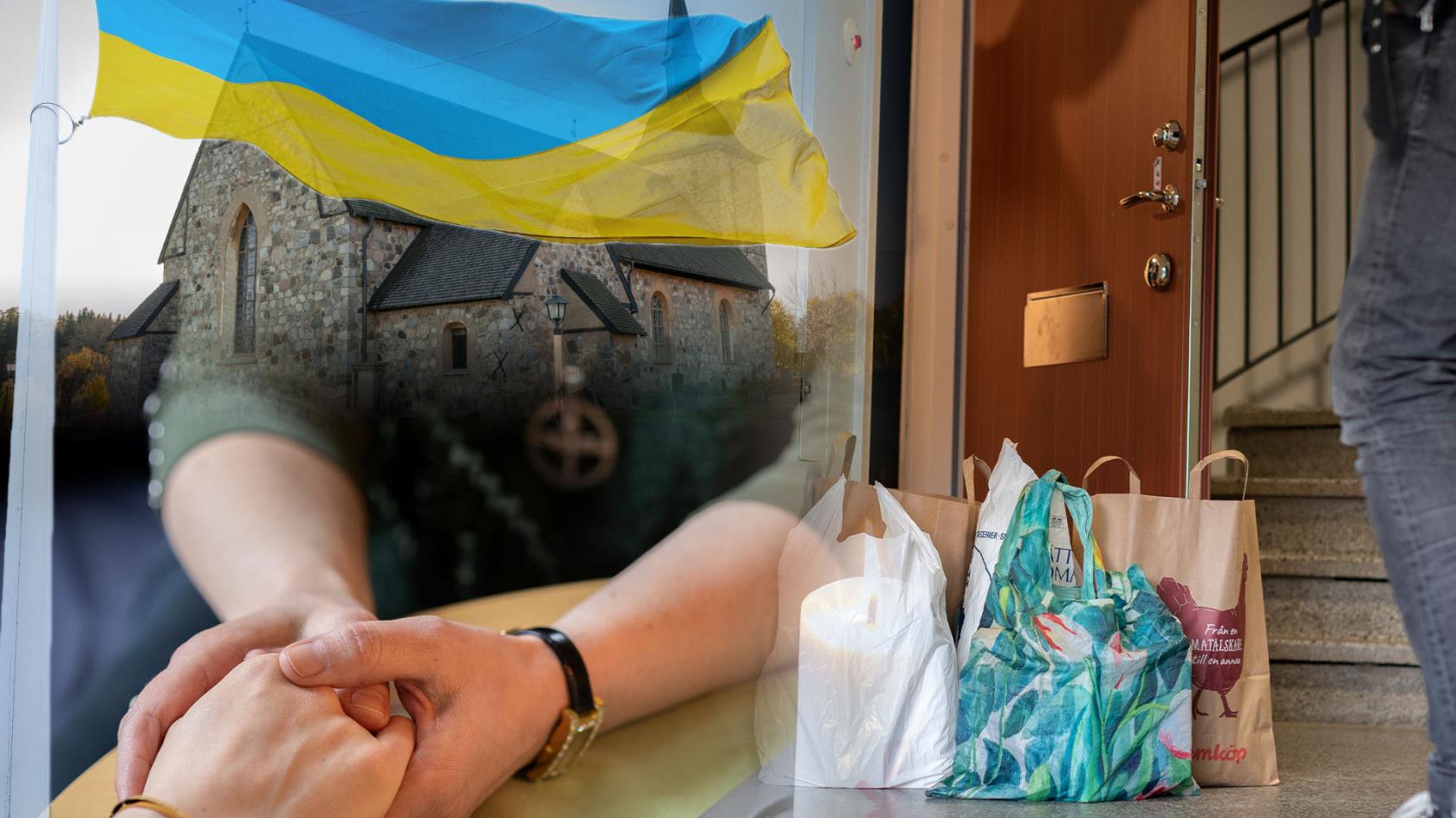 Kollage med bild på Botkyrka kyrka, en ukrainsk flagga, en person som lämnar matkassar utanför en lägenhetsdörr och två personer som håller varandra i handen