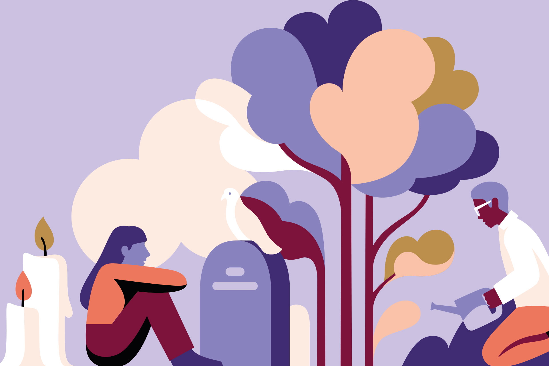 Illustration av en kvinna som sitter vid en gravsten, med tända ljus bakom henne. Intill henne sitter en man på knä vid ett träd. han håller i en vattenkanna