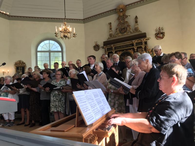 Tjörns kyrkokörer och kantor Barbro Wiskari på pastoratsgudstjänst 2019 i Valla kyrka