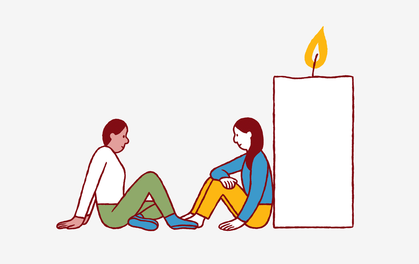 Animation med två personer som sitter och pratar vid ett tänt ljus.
