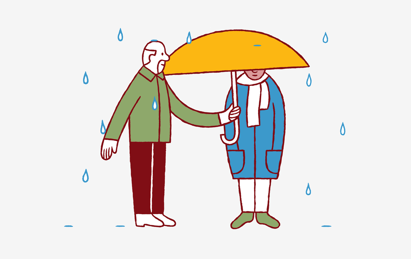 Animation med två människor som står ute i regnet. En av dem håller ett paraply över den andres huvud.