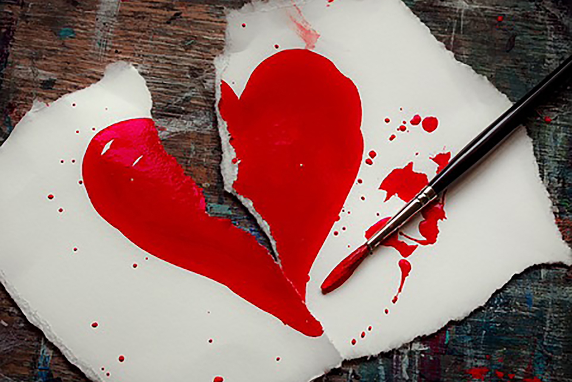 Ett hjärta som är målat på ett papper som är rivet itu.