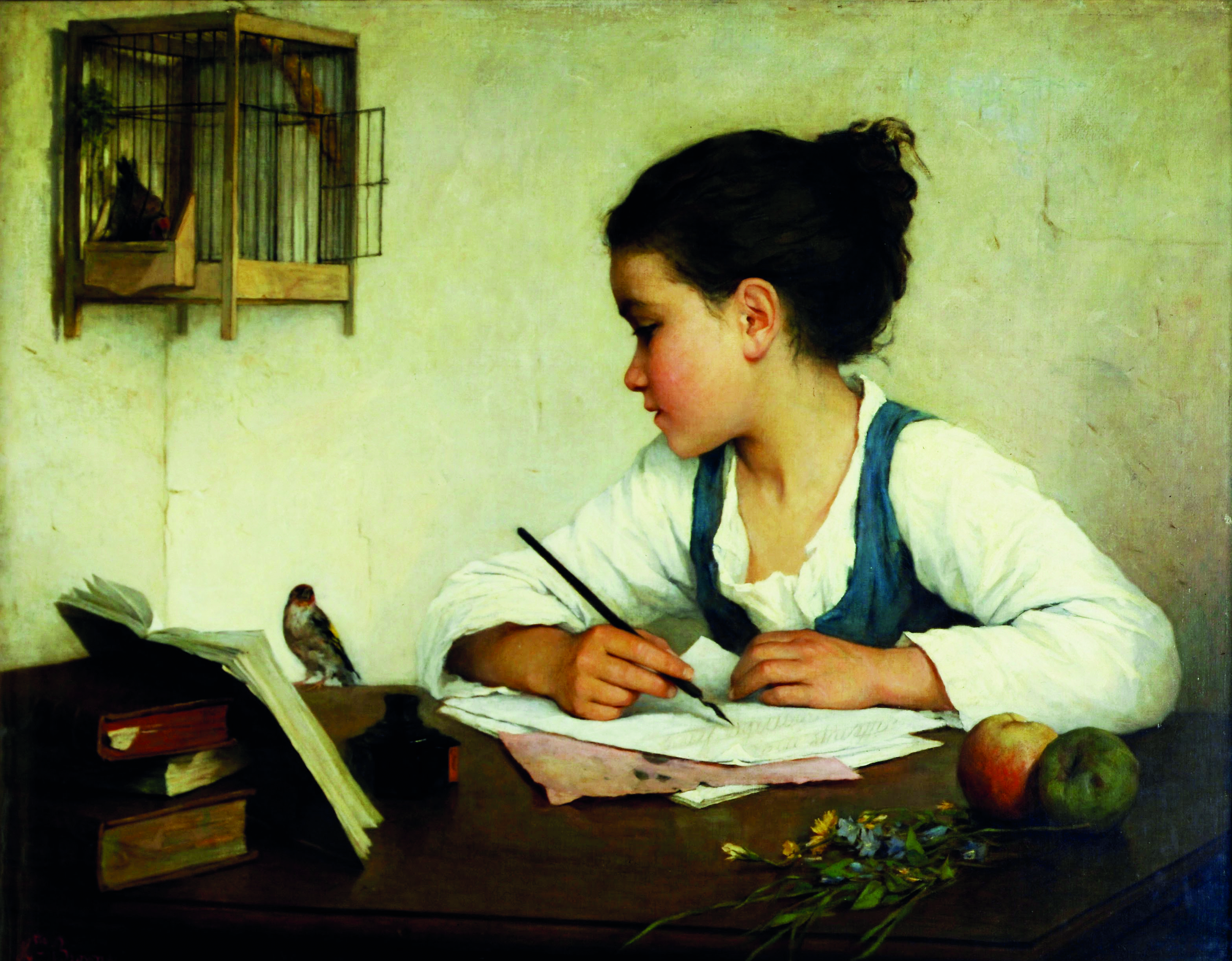 Målning av flicka som sitter med böcker och anteckningsmaterial.