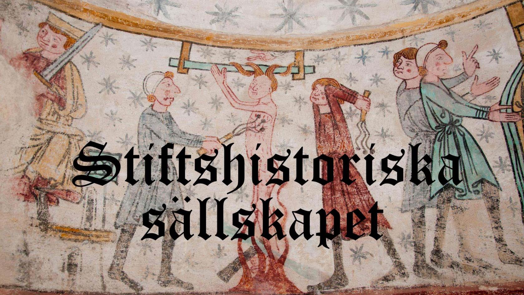 Bild av medeltida väggmålning från Hackås kyrka. Över bilden står texten "Stiftshistoriska sällskapet".