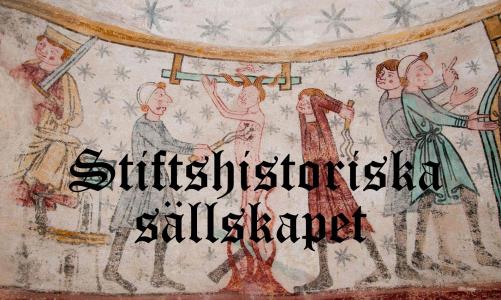 Bild av medeltida väggmålning från Hackås kyrka. Över bilden står texten "Stiftshistoriska sällskapet".