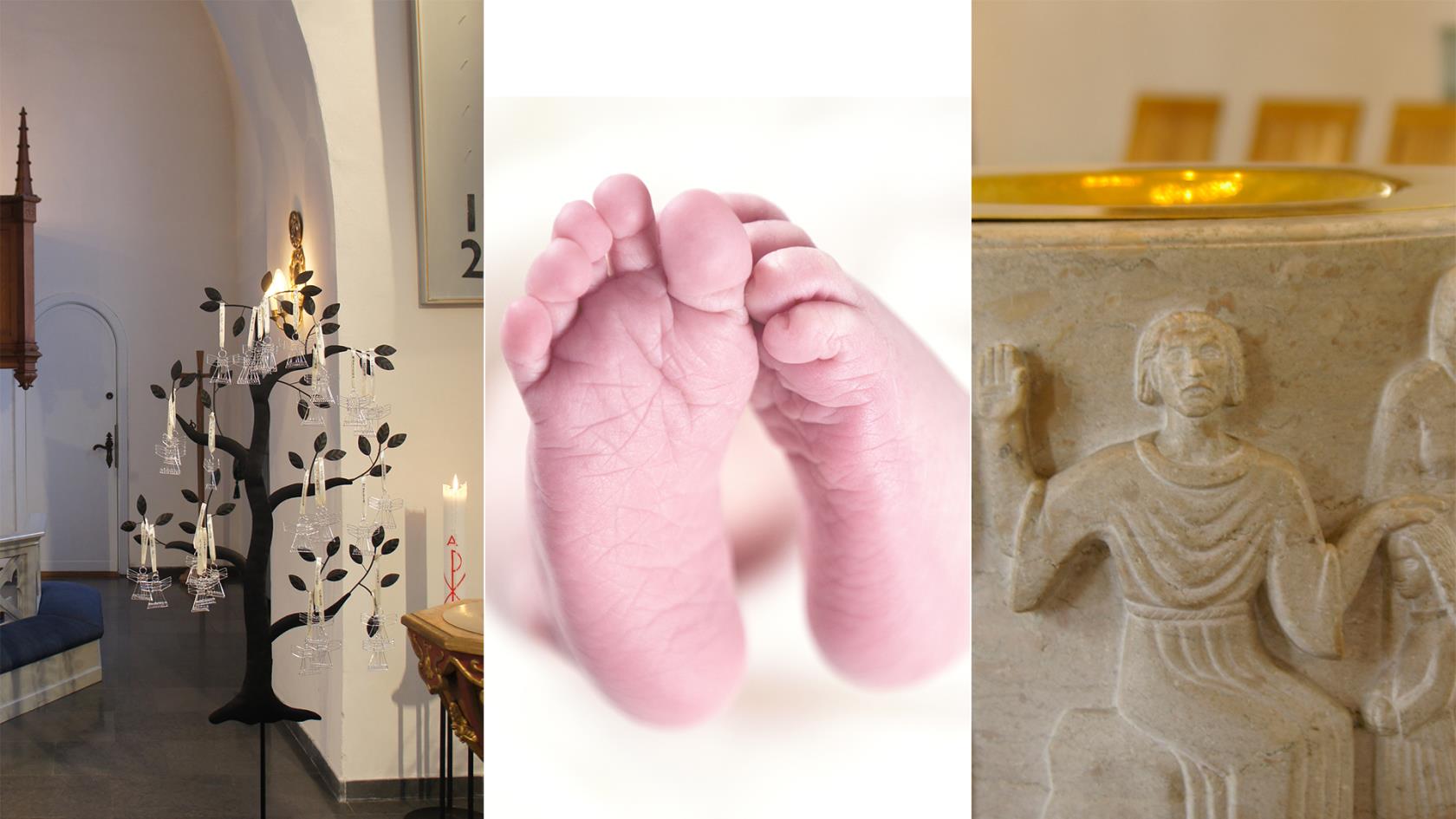Första bilden är på dopänglar, den andra bilden är på bebisfötter och den tredje bilden är på dopfunten.