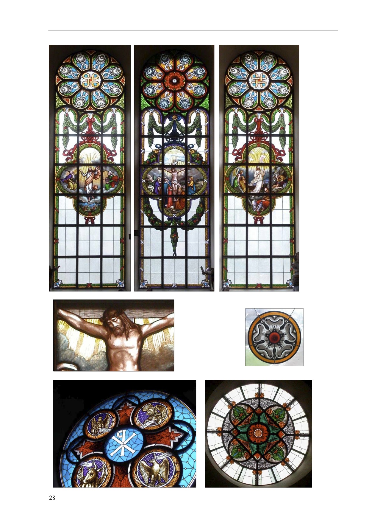 Målade kyrkfönster i olika former och storlekar.