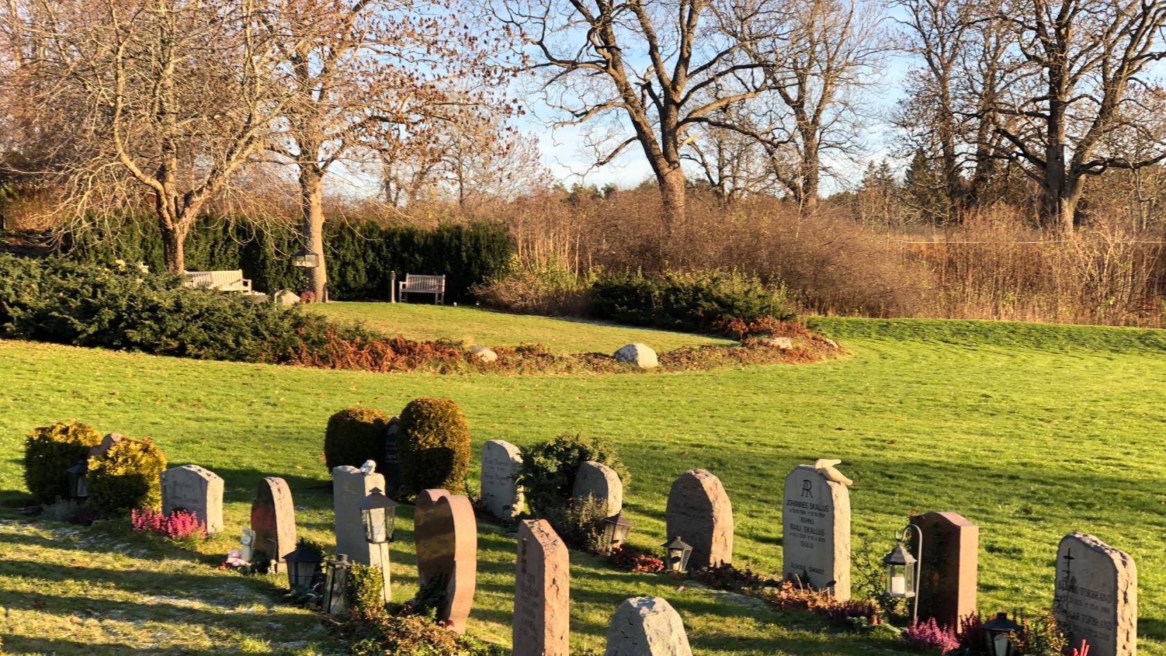 Ett antal gravstenar på en kyrkogård. 