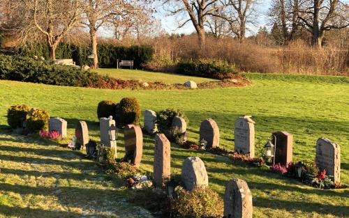 Ett antal gravstenar på en kyrkogård. 