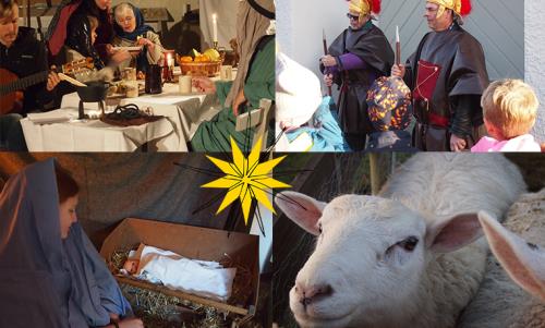 Montage av bilder från levande julkrubba
