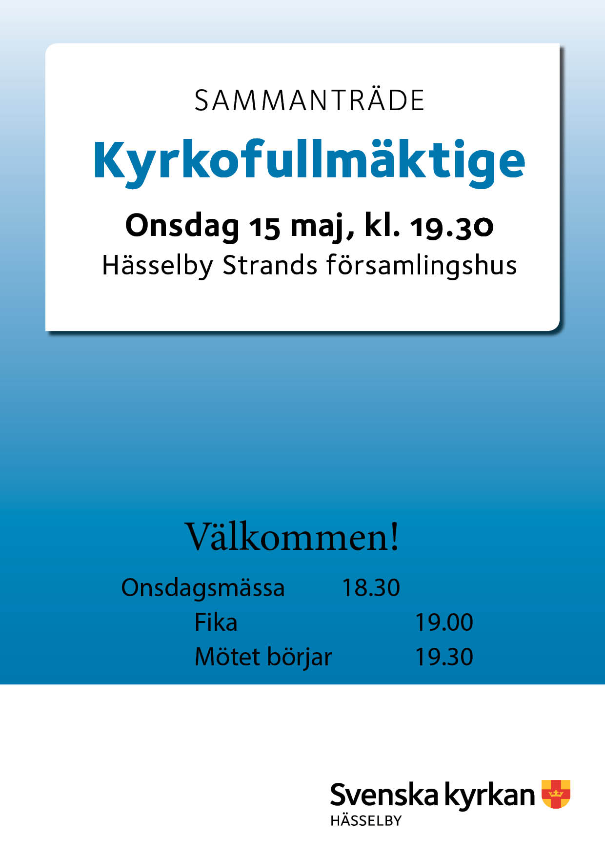 Kyrkofullmäktigemöte, ons 15 maj, 19.30.