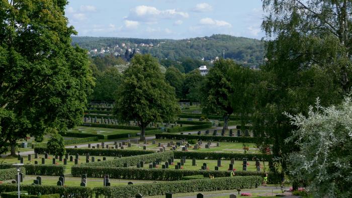 Utsikt över Kvibergs kyrkogård från en höjd med gravar, träd och gröna gräsmattor med berg i bakgrunden med villor i Sävedalen