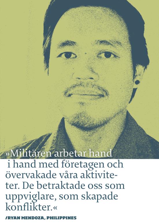 Bild i grön ton. Textcitat på bilden "Militären arbetar hand i hand med företagen och övervakade våra aktiviteter. De Betraktade oss som uppviglare, som skapade konflikter.