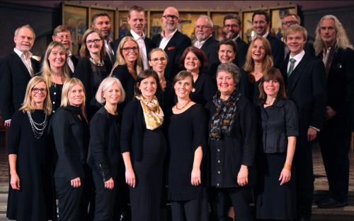Gruppbild av Oscar Fredriks Kammarkör, alla är mörkt klädda och ler in i kameran.